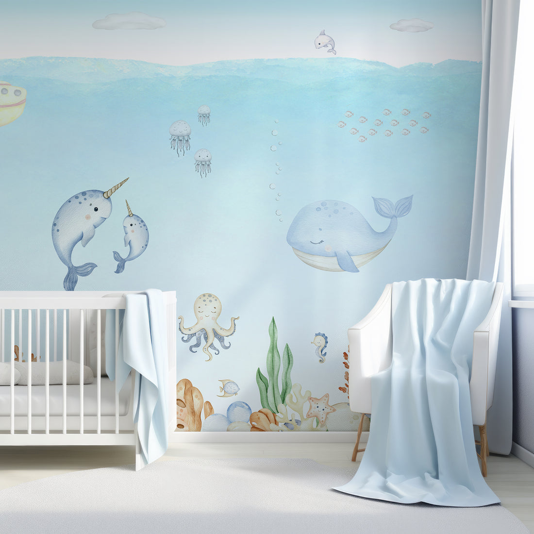 Papier peint panoramique Undersea Wonderland de la chambre d'enfant bleue - Removable Vinyl (Peel & Stick)