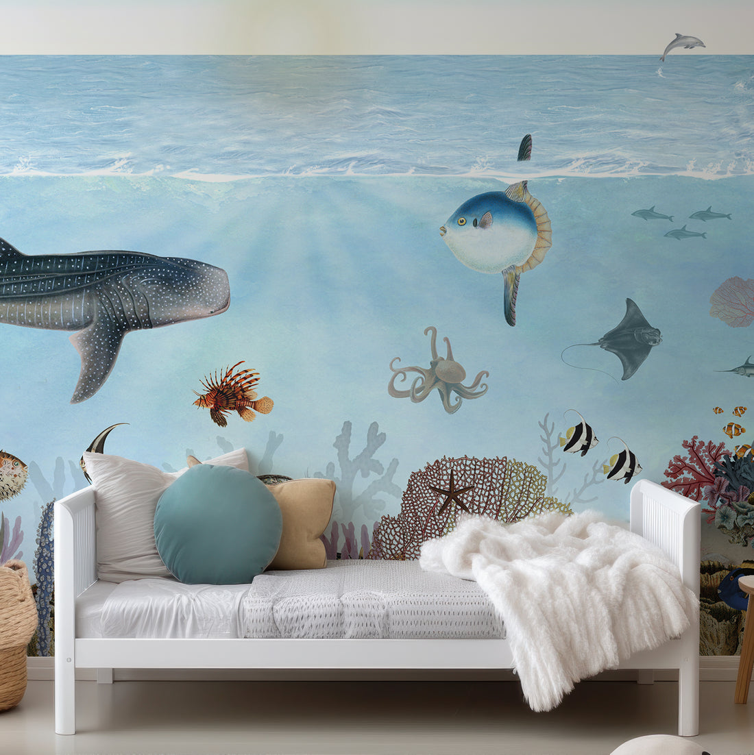 Papier peint panoramique créatures marines sous-marines à l'aquarelle pour enfants - Removable Vinyl (Peel & Stick)