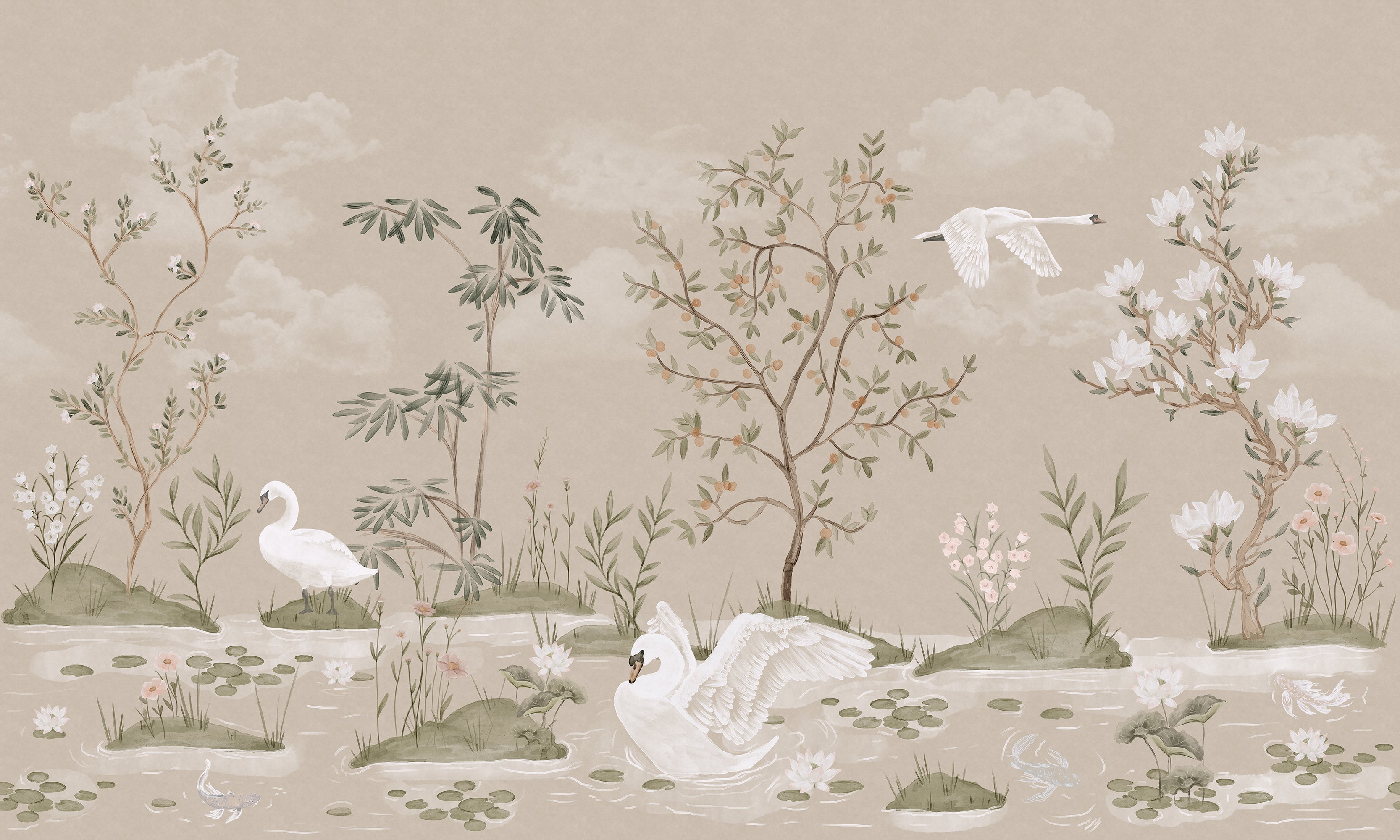 A decorative landscape-style print or wallpaper design featuring white swans in a pond with lily pads, flowering plants, trees, and soft clouds on a warm beige background.