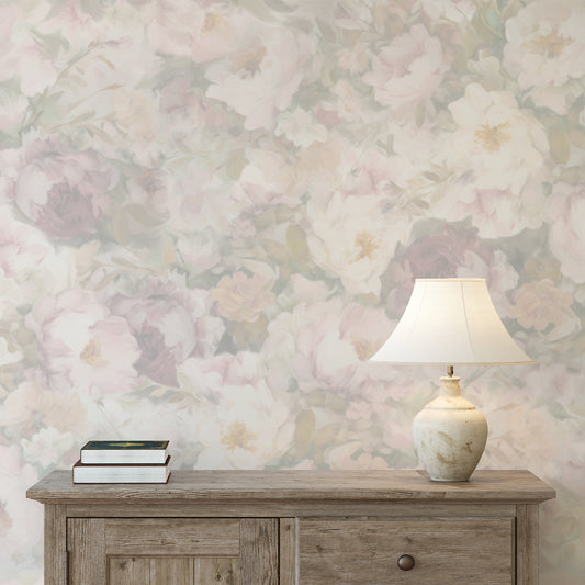 Floral wallpaper with a wooden cabinet and lamp