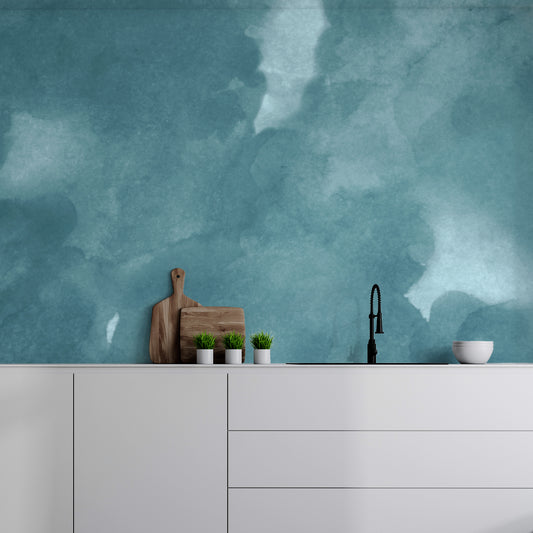 Onimbus Moody Teal Watercolour Cloud Wallpaper in a modern kitchen 