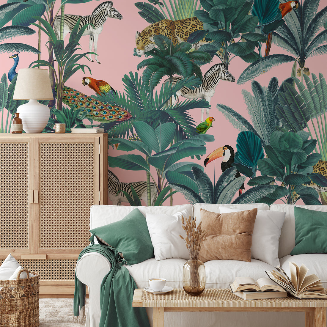 Papier Peint Panoramique à Motif de Jungle Tropicale Vert et Rose - Removable Wallpaper (Peel & Stick)