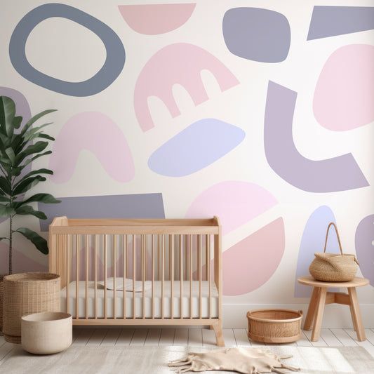 Pastel Puzzles Mauve In Nursery With Wooden Crib And Green Plant And Wooden Stools