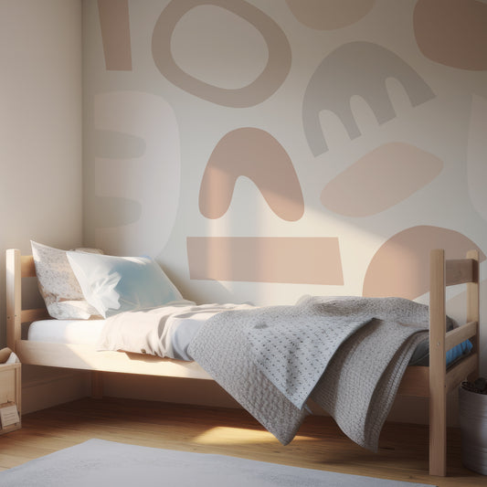 Pastel Puzzles Neutral In Child's Bedroom With Light Blue Bedding And Wooden Bed