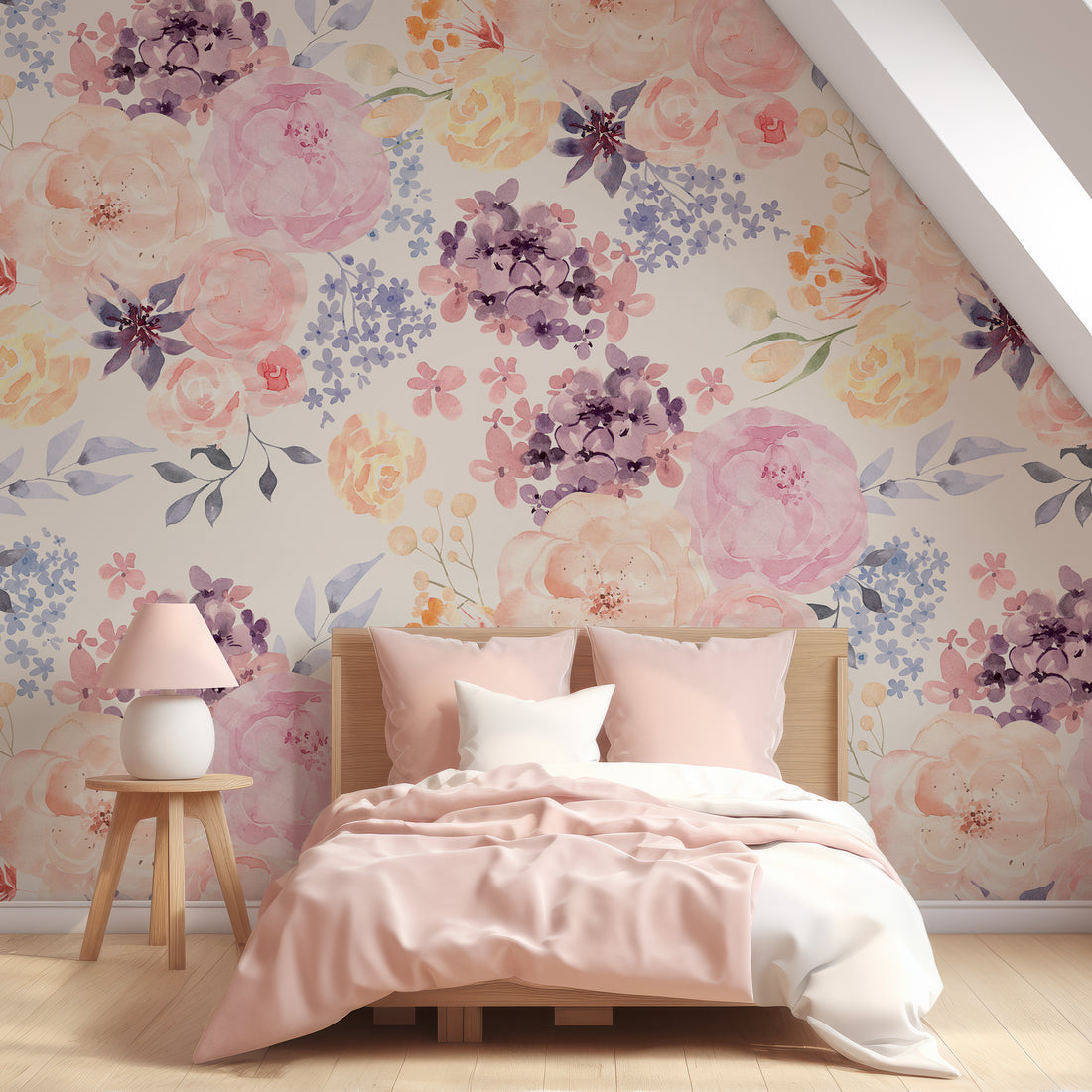 Papier peint aquarelle feuillage de fleurs colorées - Removable Wallpaper (Peel & Stick)