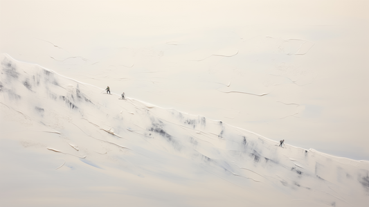 People skiing down a snowy mountain slope with a blurred effect