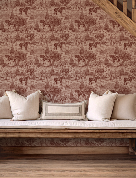 Wallpaper with horse pattern in a room with wooden bench and cushions.