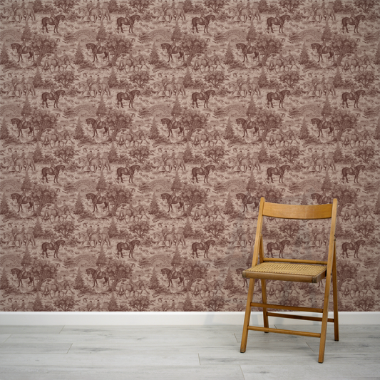 Wooden chair against a wall with horse pattern wallpaper