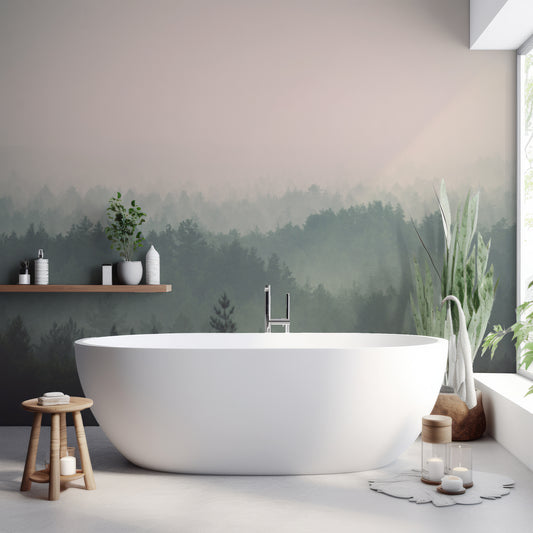 Pinefade Wallpaper In Bathroom With White Bathtub And Green Plants With Wooden Stool & Candle