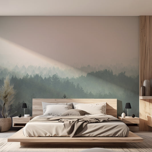 Pinefade Wallpaper In Bedroom With Wooden Bed, Grey Neutral Bedding, Black Lamps, Large Green Plant