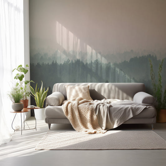 Pinefade Wallpaper In Room With Grey Sofa And PlantsWith Thin Curtain Letting Light In