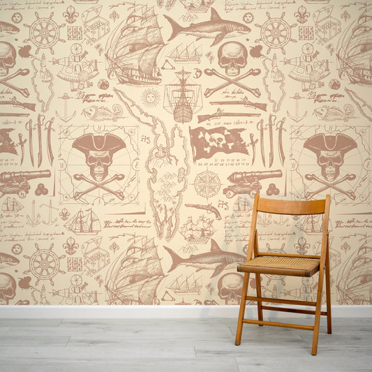 Pirates Blueprint Beige Wallpaper In Room With Foldy Wooden Chair
