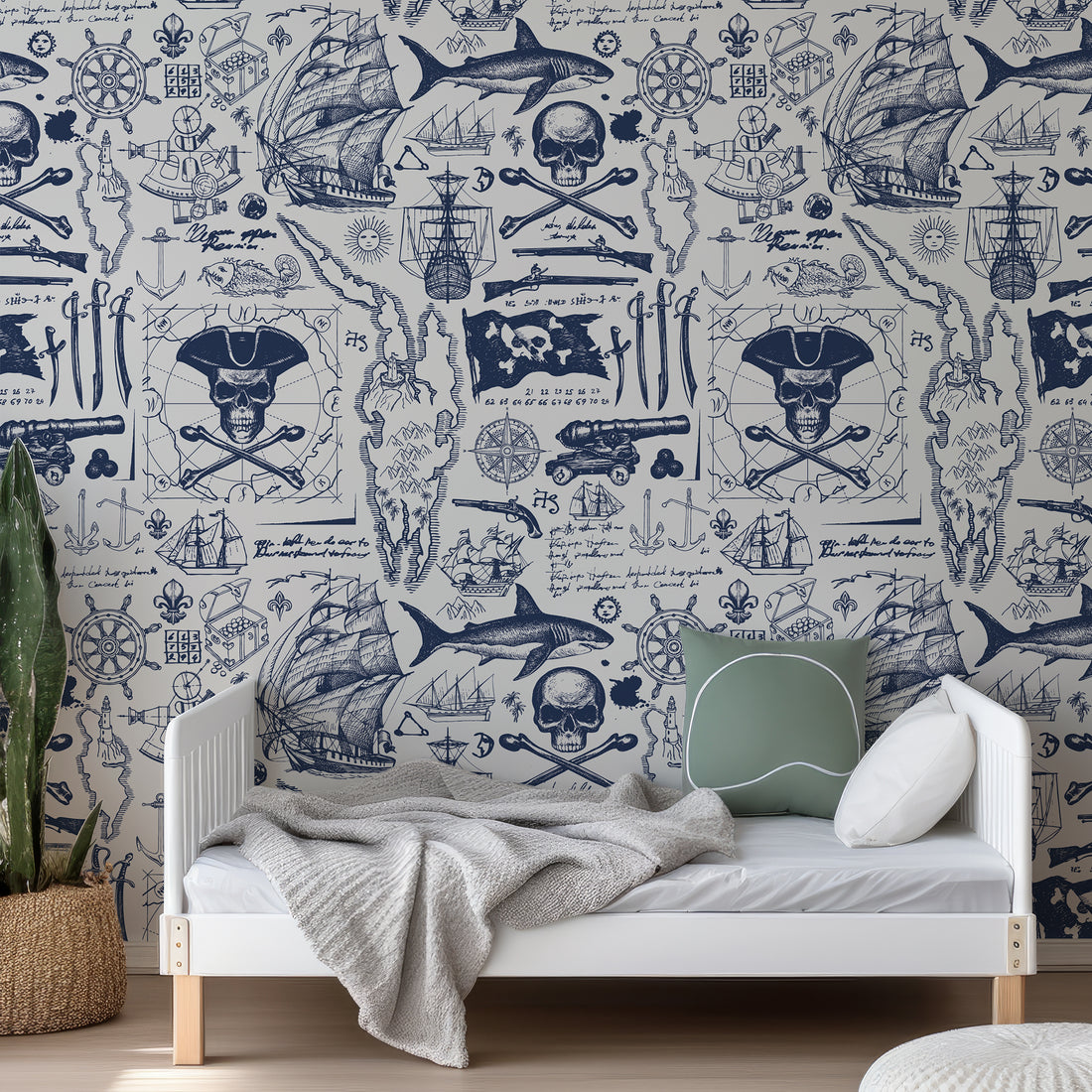 Fond d'écran carte et crânes de pirates bleus - Traditional Wallpaper (Paste-the-wall)
