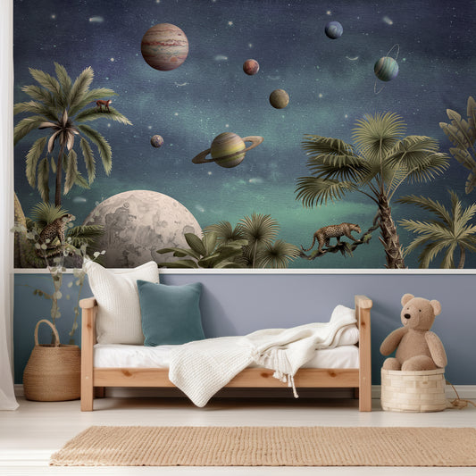 Pretty Planets Wallpaper In Child's Bedroom With Small Wooden Bed And White And Green Bedding With Half Wallpapered Wall And Half Painted Green Wall