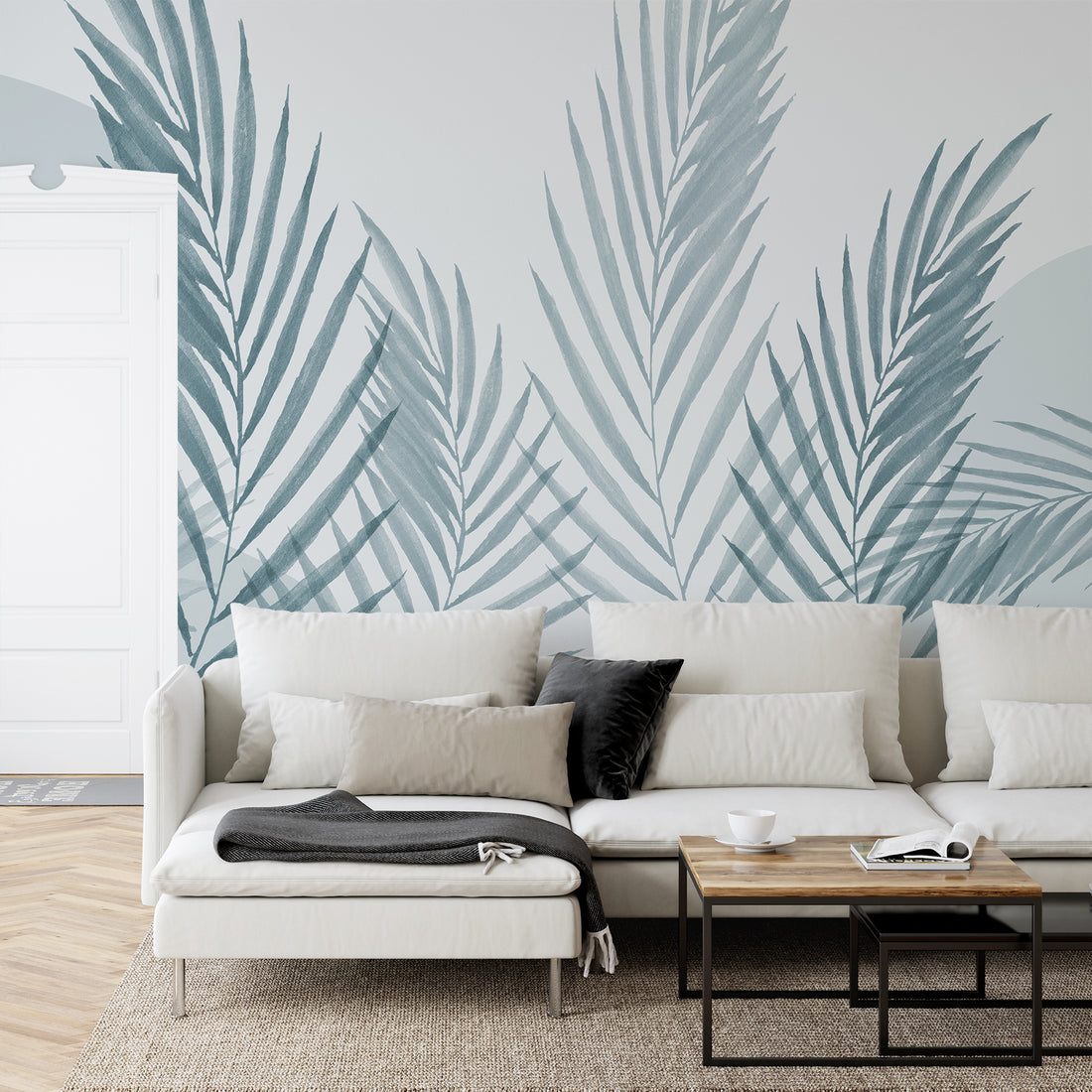 Feuilles Minimalistes Bleues Aquarelle - Traditional Wallpaper (Paste-the-wall)