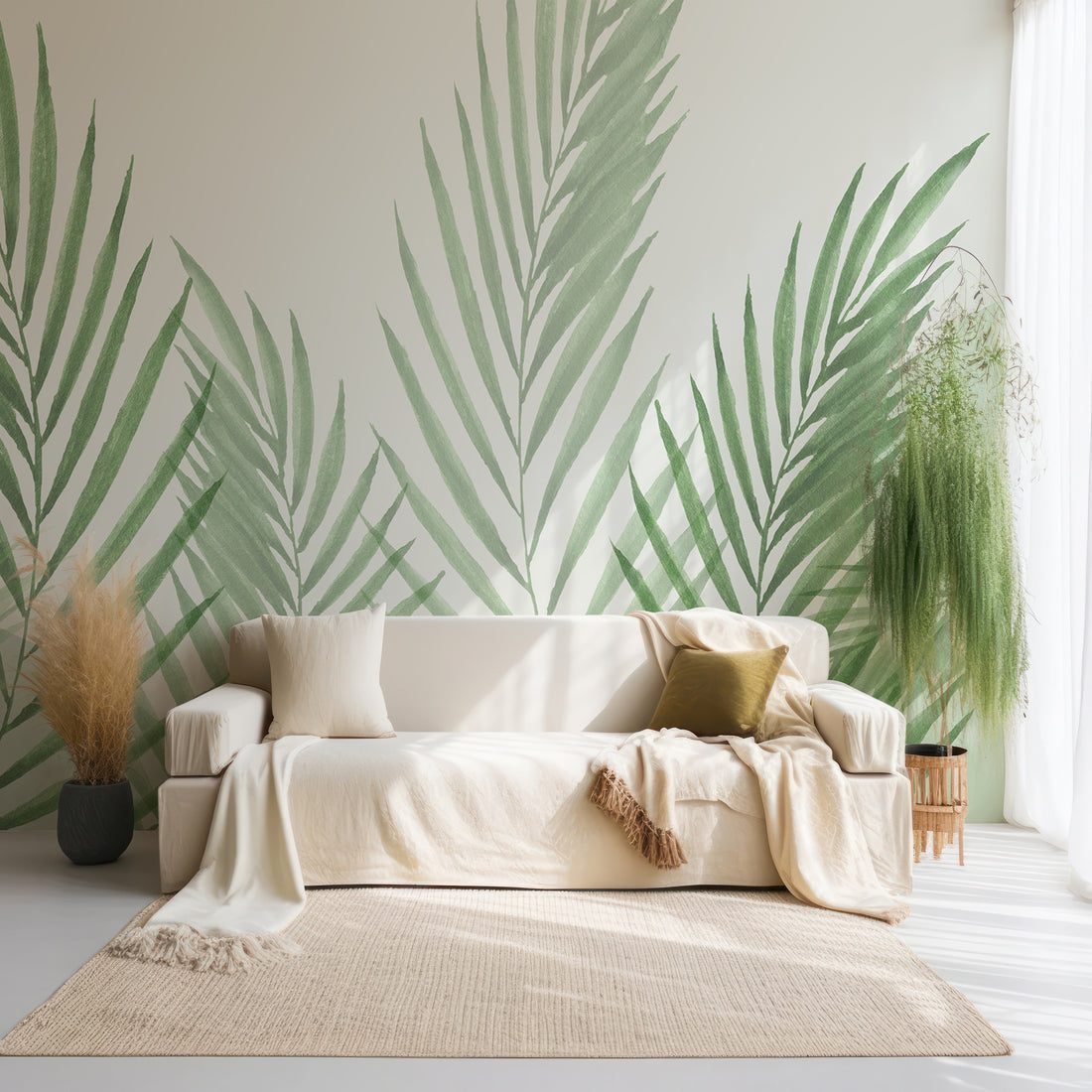 Feuilles Minimalistes Vertes Aquarelle - Removable Wallpaper (Peel & Stick)