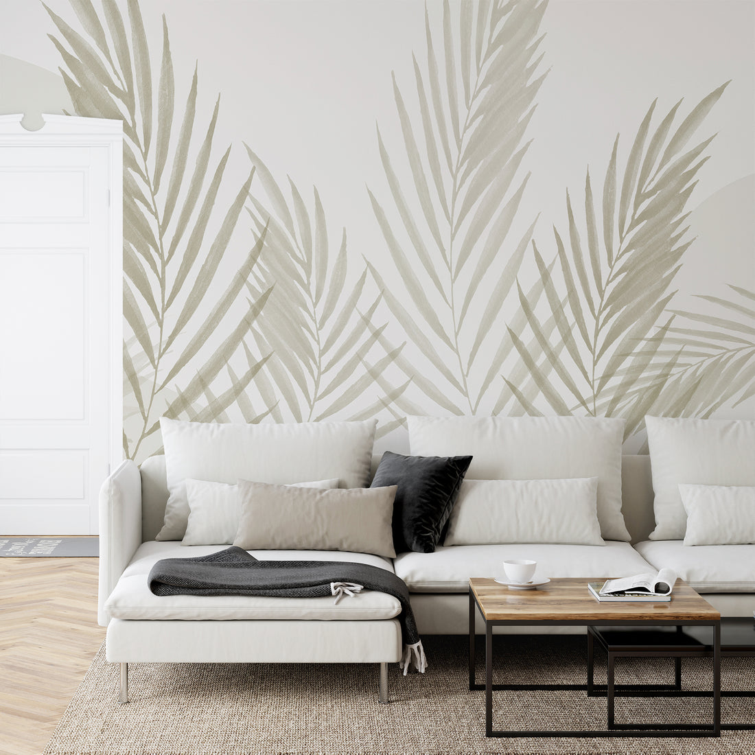 Aquarelle Greige Feuilles Minimalistes - Traditional Wallpaper (Paste-the-wall)