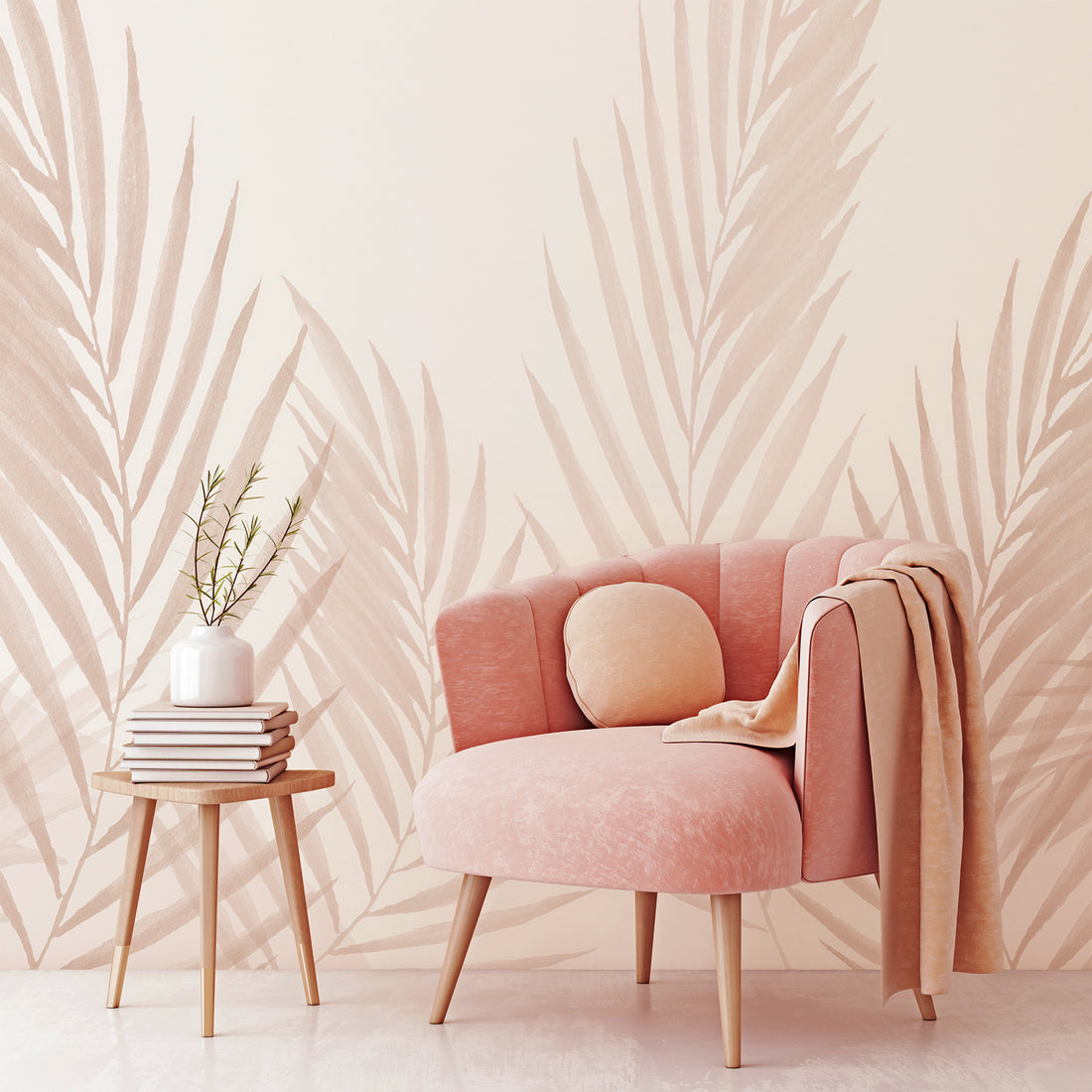 Feuilles Minimalistes Roses Aquarelle - Removable Wallpaper (Peel & Stick)