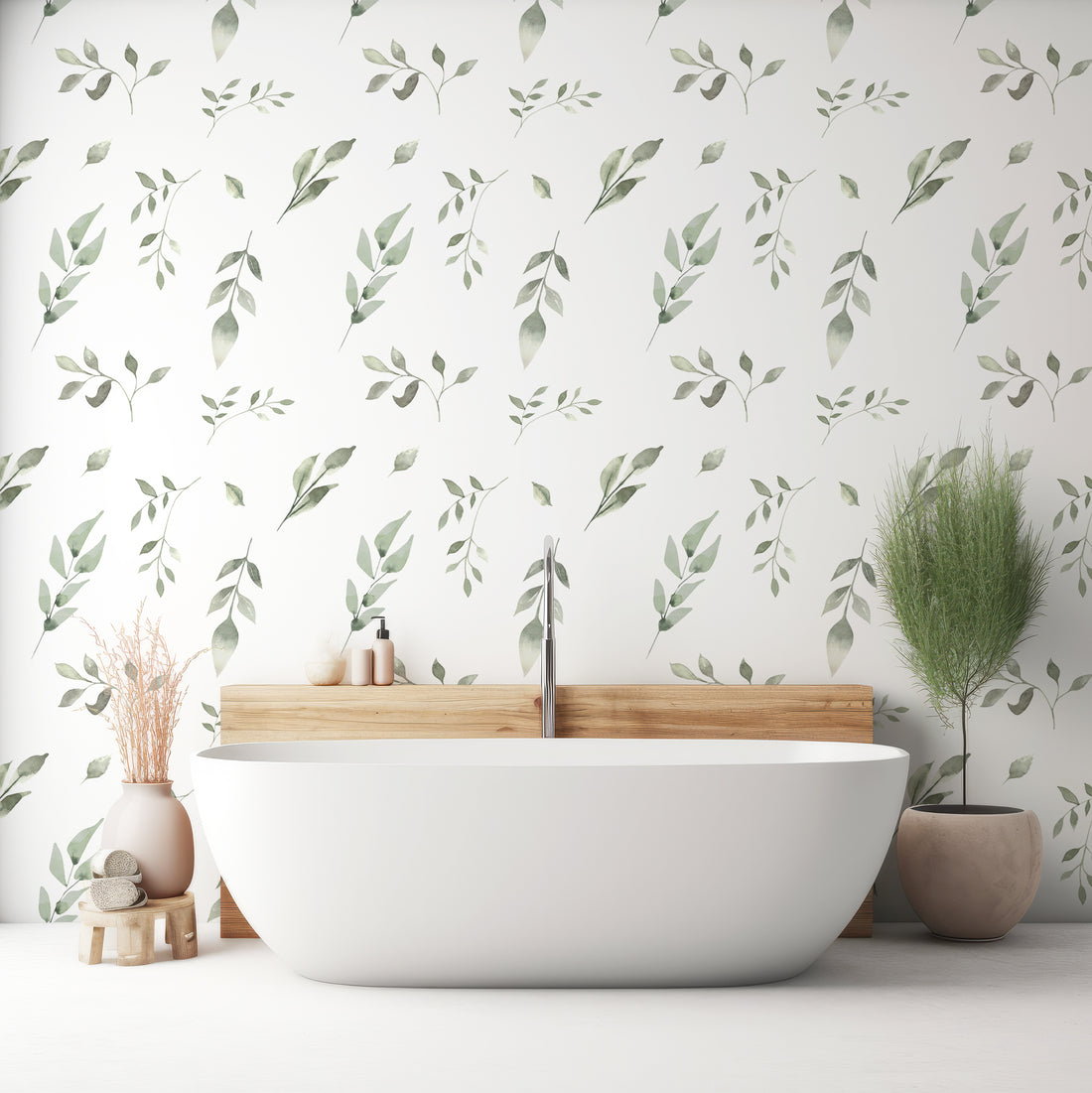 Papier peint botanique à feuilles vertes aquarelle - Removable Vinyl (Peel & Stick)