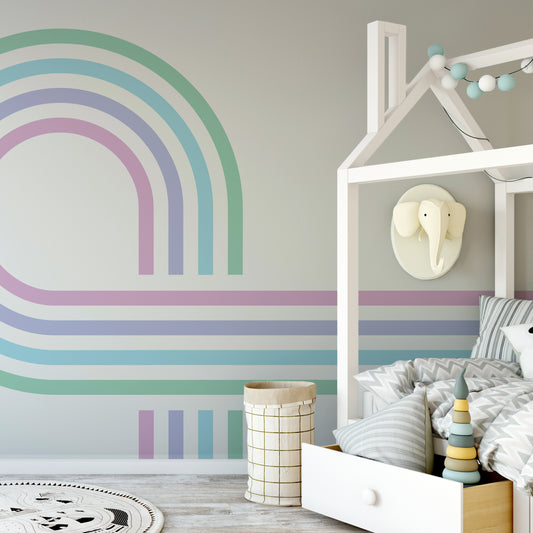 Retro Spiral Mural Pastel in childs bedroom with grey bedding