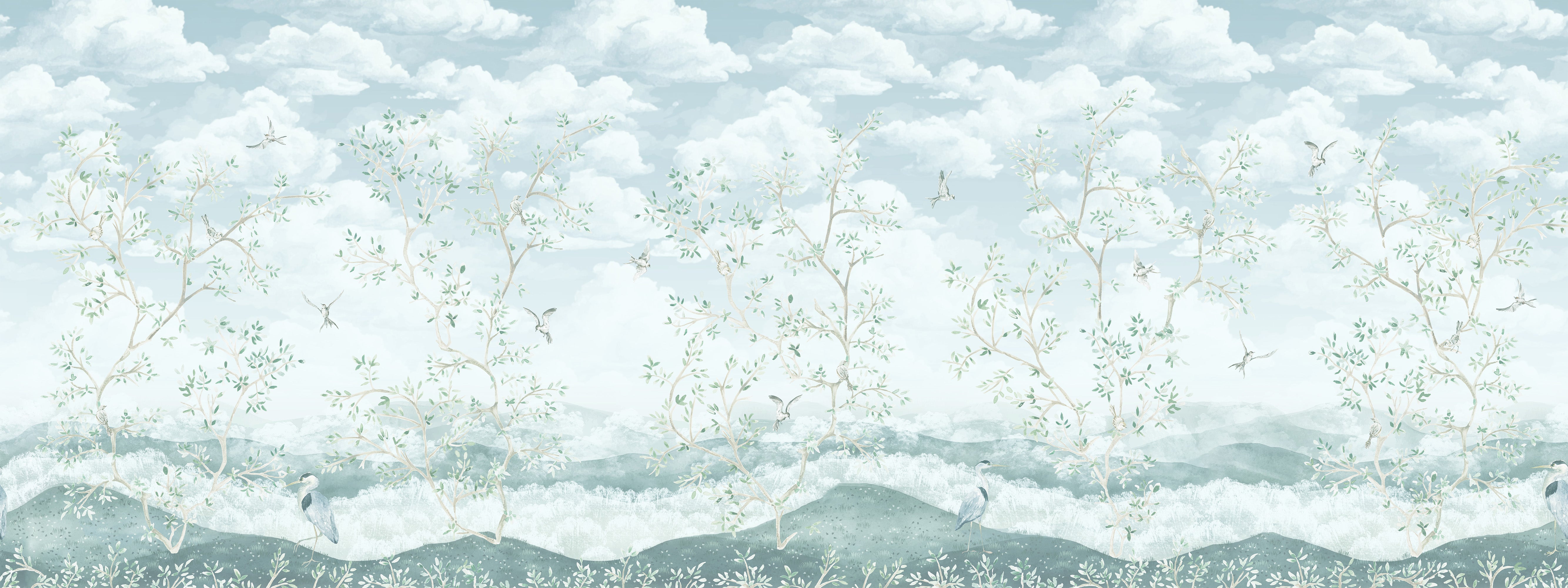 Rhea Chinoiserie Blue Trees Wallpaper Mural Full Artwork