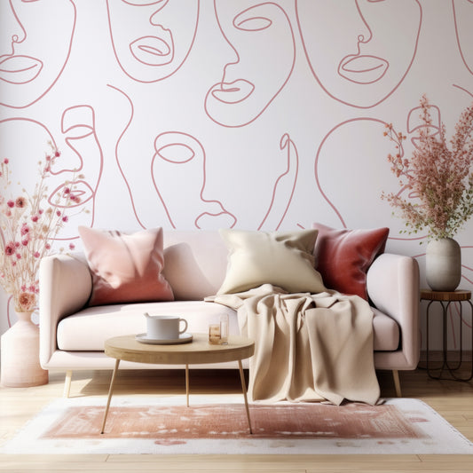 Robyn Ros Wallpaper In Living Room With Beige Sofa With Red And Golden Cushions And Pink Plants