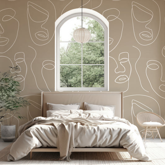 Robyn Sten Wallpaper In Beige Bedroom With Beige Bed With 4 Pillows And Arch Open Window With Green Trees In The Background