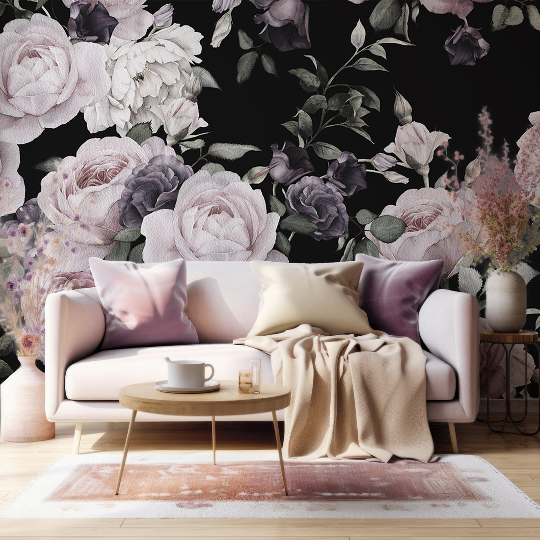 Papier Peint Panoramique Floral Foncé Rose et Violet - Removable Wallpaper (Peel & Stick)