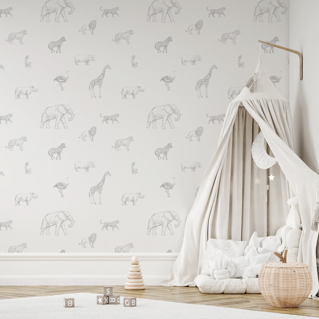 Papier peint animaux de safari esquissés gris et blanc - Removable Wallpaper (Peel & Stick)