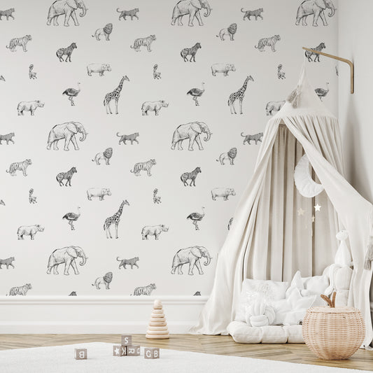 Safari Sketchbook Wallpaper In Baby's Room With White Themed Room