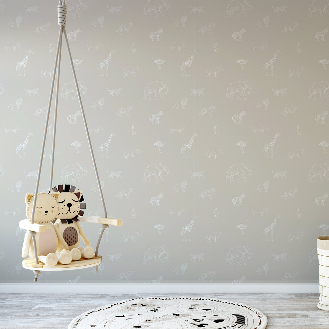 Papier peint animaux de safari esquissés crème et blanc - Removable Wallpaper (Peel & Stick)