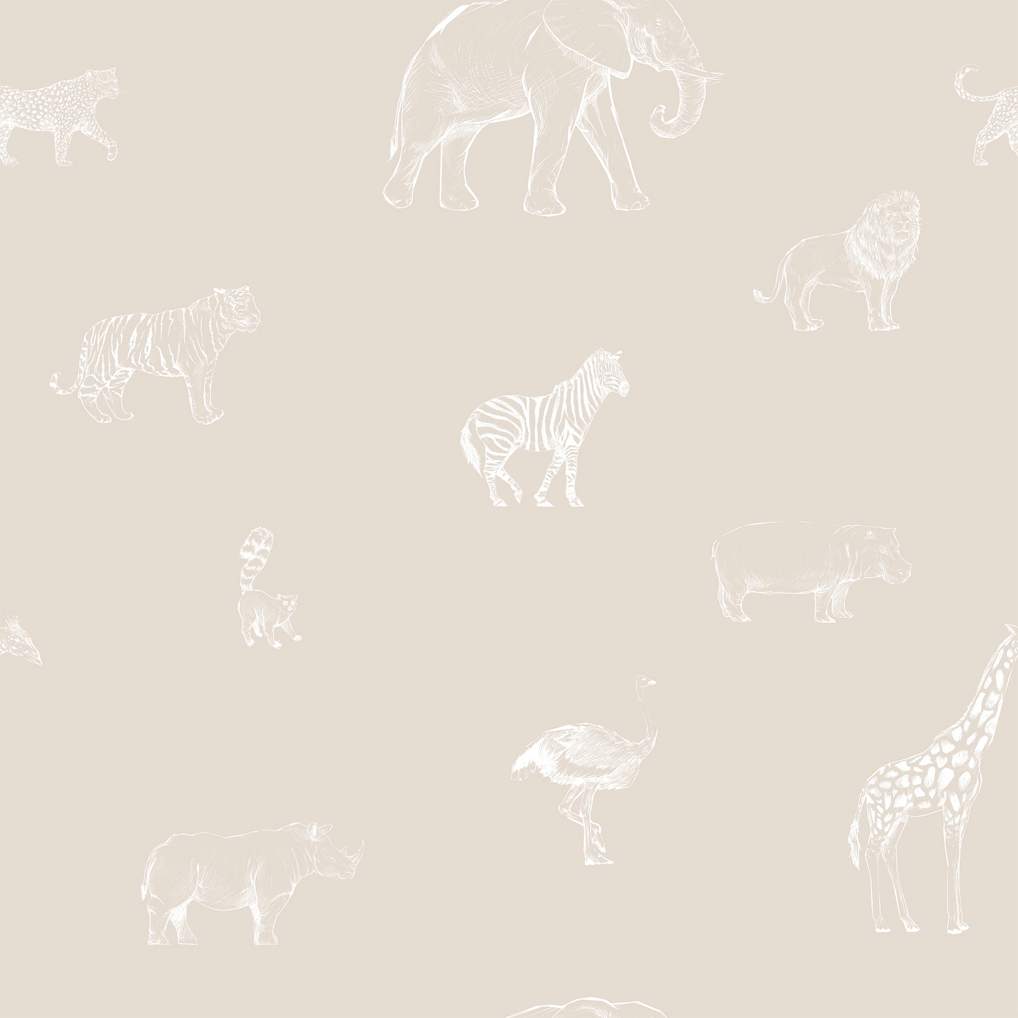 Safari Sketchbook Cream - Papier peint animaux de safari esquissés crème et blanc