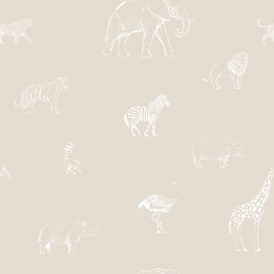 Safari Sketchbook Cream - Papier peint animaux de safari esquissés crème et blanc