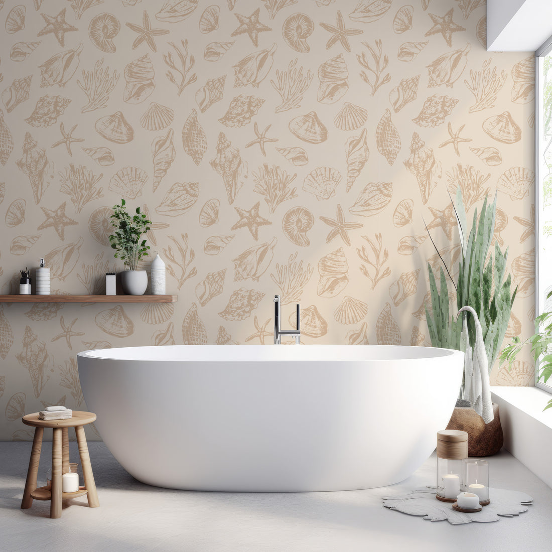 Papier peint à motif de coquillages beige et crème - Removable Wallpaper (Peel & Stick)