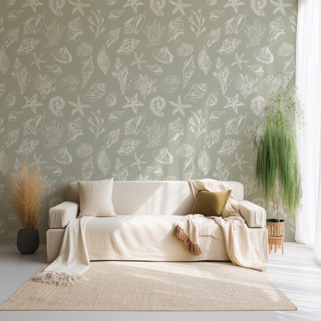 Papier peint à motif de coquillages verts et blancs - Removable Vinyl (Peel & Stick)