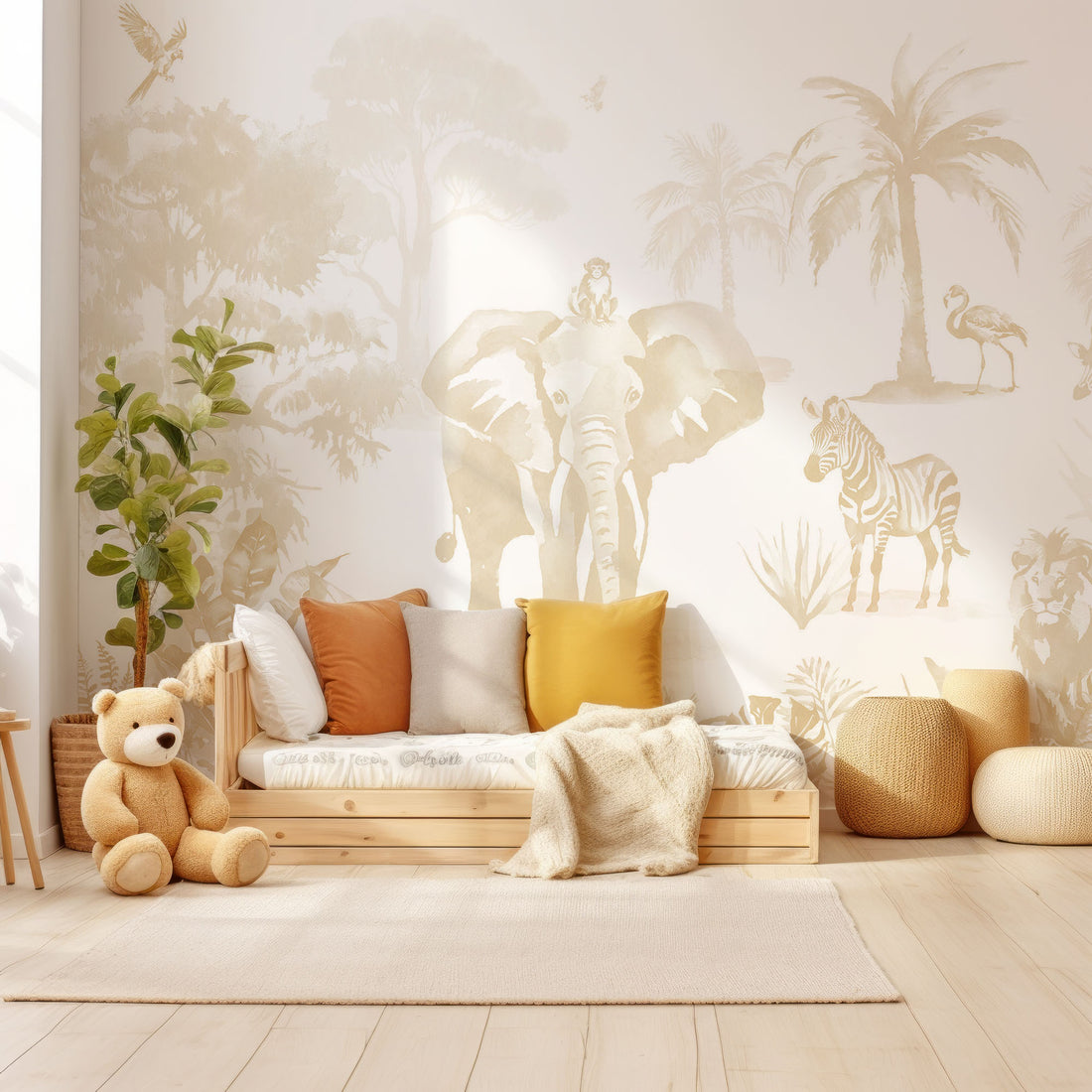 Papier peint panoramique crème aquarelle Kids Jungle Safari Animal - Removable Wallpaper (Peel & Stick)
