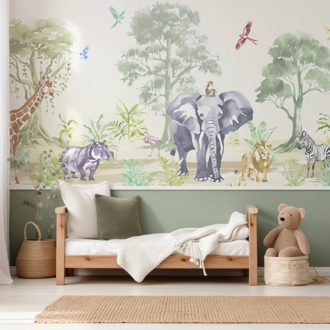 Papier peint panoramique aquarelle enfants jungle safari animaux - Removable Wallpaper (Peel & Stick)