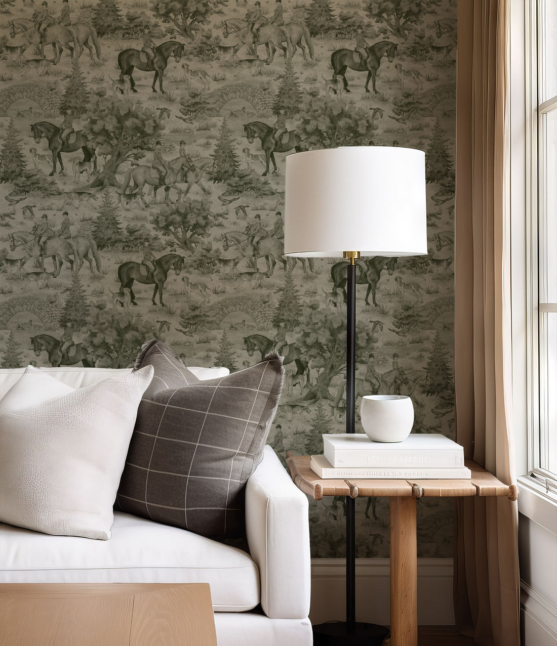 Papier peint mural à motif toile inspiré de la toile de Jouy, représentant l'équitation classique à la campagne - Removable Vinyl (Peel & Stick)