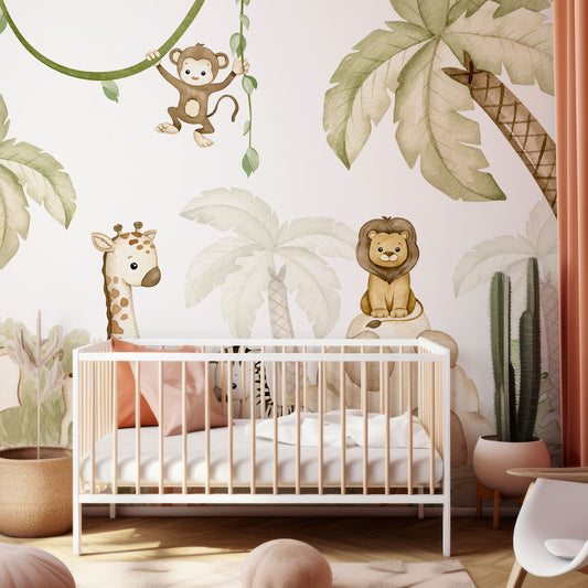 Savannah Joy Wallpaper In Child's Bedroom With Peach Pillows And Beige Plants