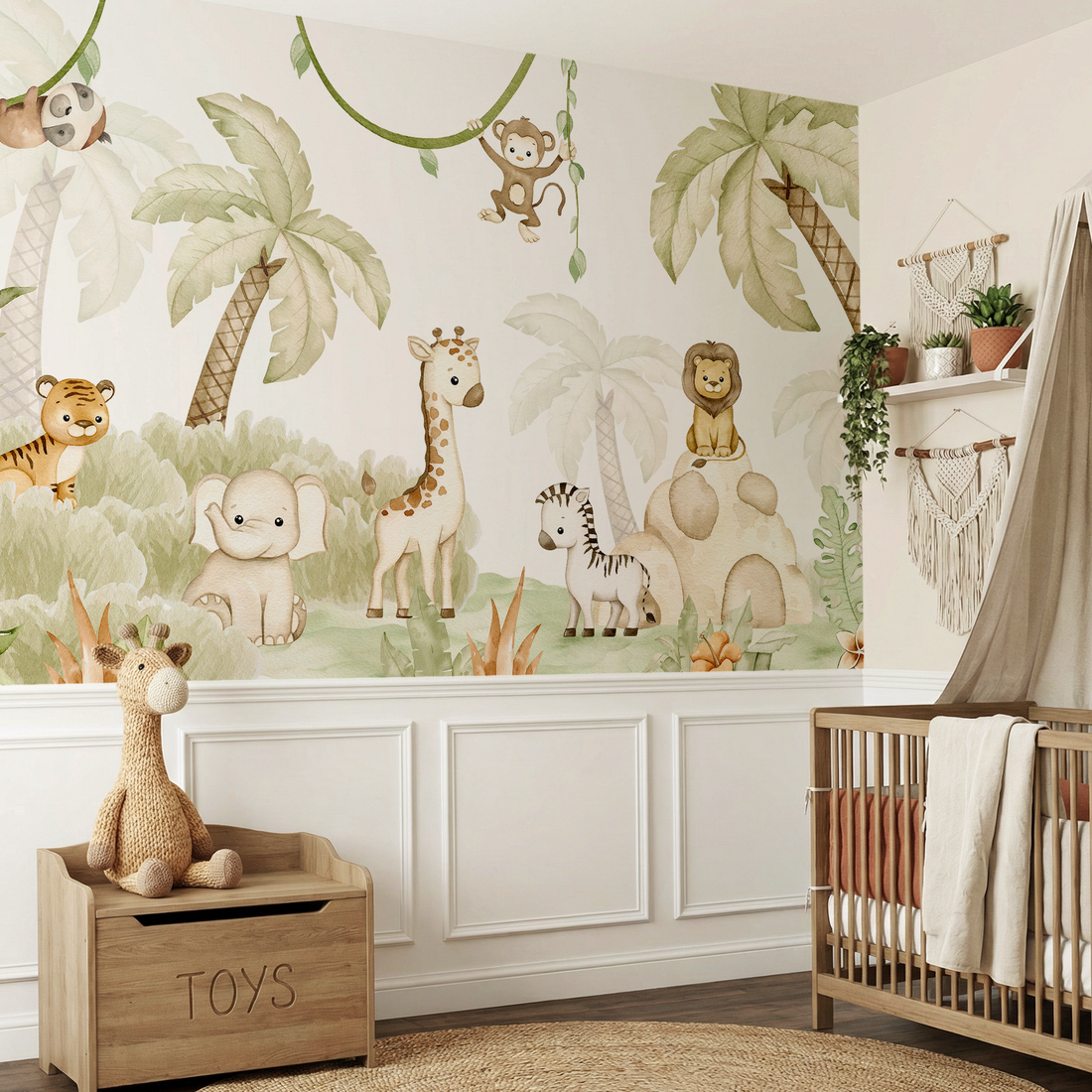 Papier Peint Panoramique Aquarelle avec Animaux de la Jungle - Removable Wallpaper (Peel & Stick)