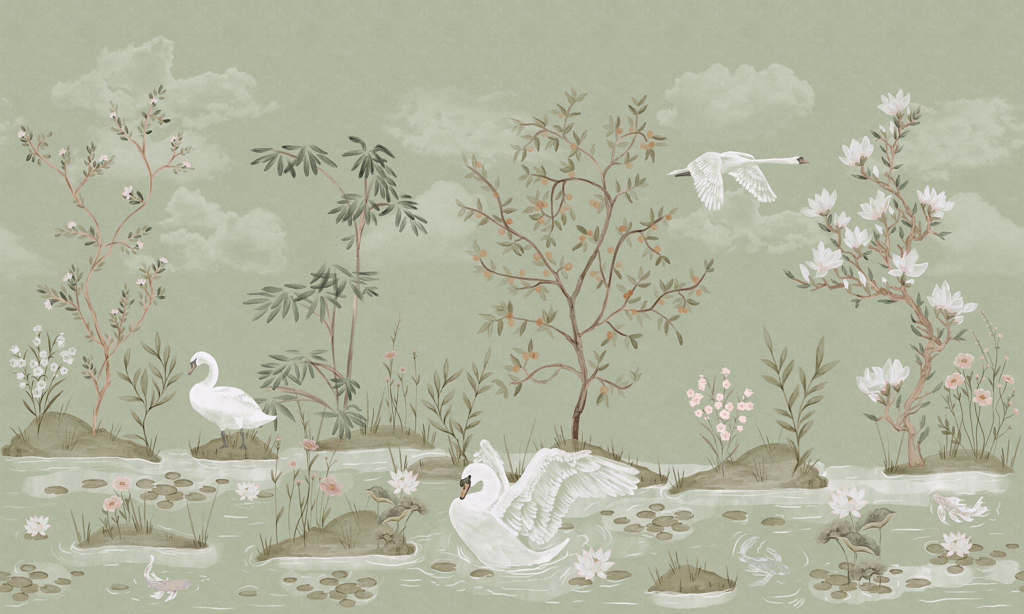 A decorative landscape-style illustration with white swans in shallow water, flowering plants, trees, rocks, and a pale green sky.