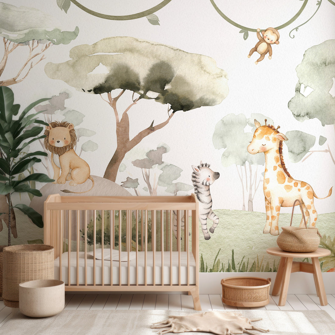Papier peint panoramique pour la chambre de bébé Safari Animaux - Removable Wallpaper (Peel & Stick)