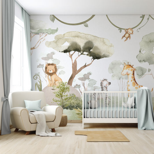 Serengeti Friends Wallpaper In Nursey With White Cot And Large Cream Chair With Blue Cushions And Blue Bedding