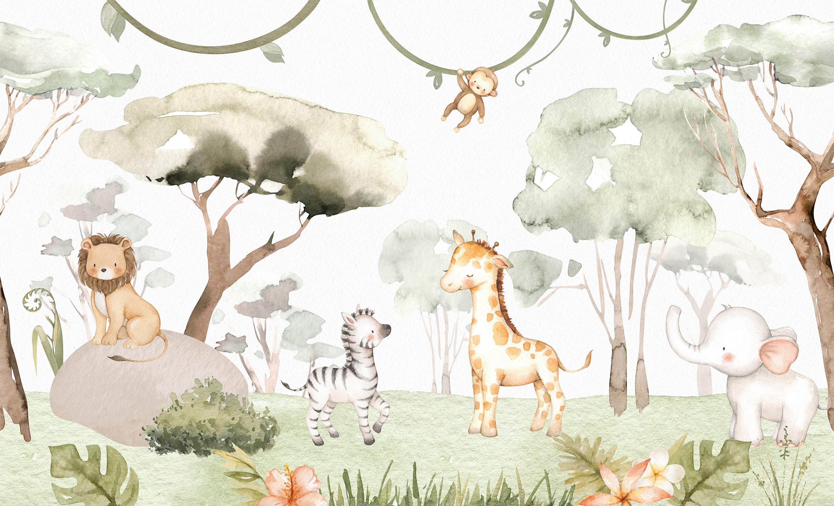 Serengeti Friends Baby Safari Animals Nursery Wallpaper Mural Full Artwork