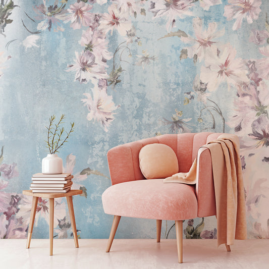Skye Wallpaper In Room With Pink Chair & Wooden Coffee Table