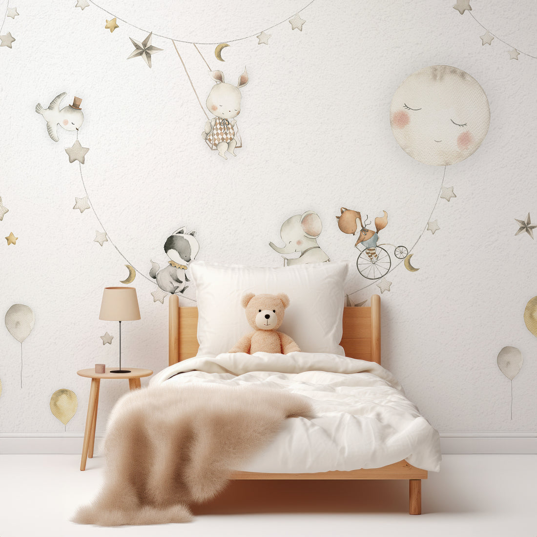 Papier peint panoramique mignon pour la chambre d'enfant : animaux, étoiles et lune - Removable Vinyl (Peel & Stick)