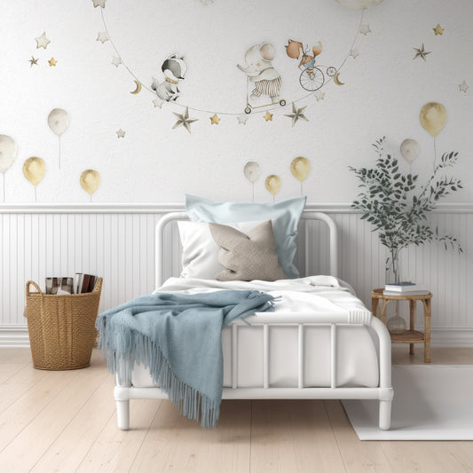 Sleeping Moon Wallpaper In Room With White Wood Panelling And Small Single Bed With Blue Cushions