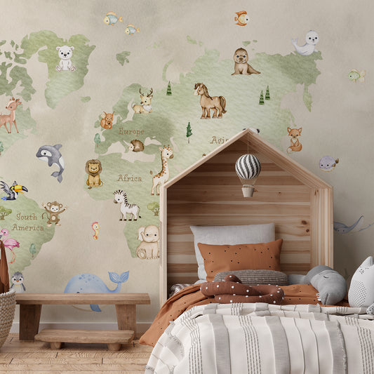 Small World in Children's Room With Teddy Bears and Wooden Bed Frame