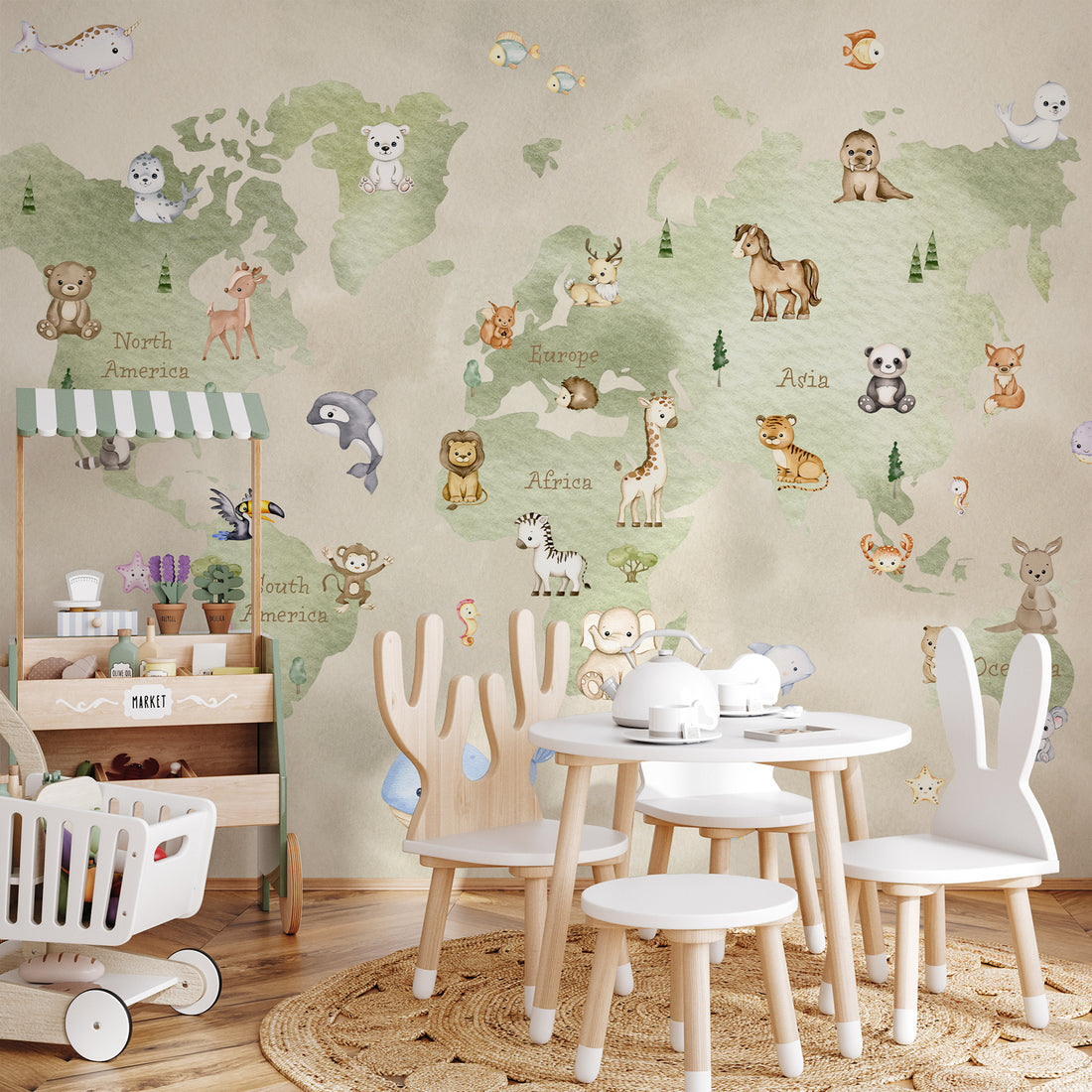 Papier peint mural carte du monde pour enfants, aquarelle mignonne - Traditional Wallpaper (Paste-the-wall)