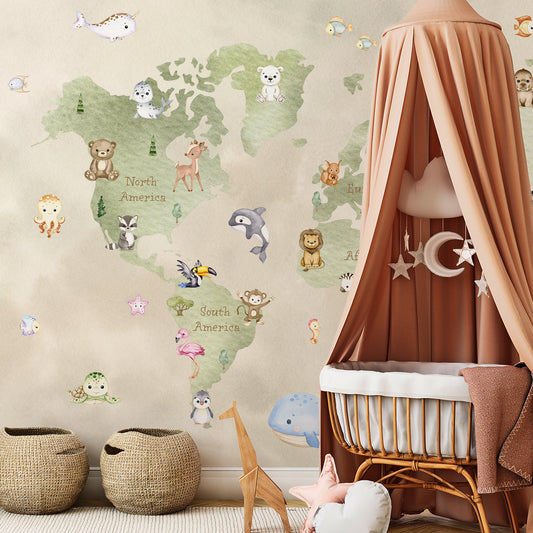 Small World with Children's Cot Covered in Beige Fabric With Toy Giraffe